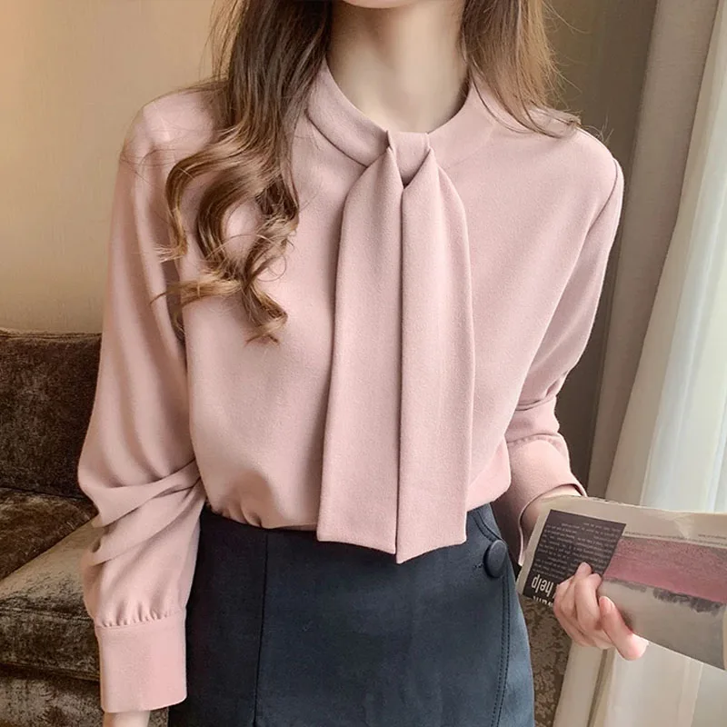 Женская шифоновая блузка с длинным рукавом со шнуровкой и воротником-стойкой