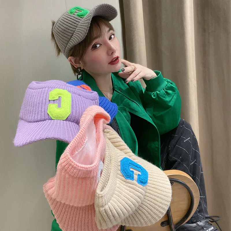 

Baseball Cap Winter Hats For Women Fashion Letter C Knitted Visor Cap Hats Autumn winter Elastic Empty Top Ponytail Golf Hats
