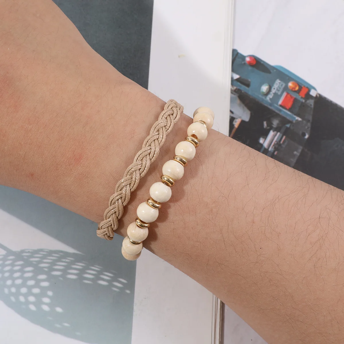 

Makersland Off-white acrylic men's beaded hand string braided hand bracelet