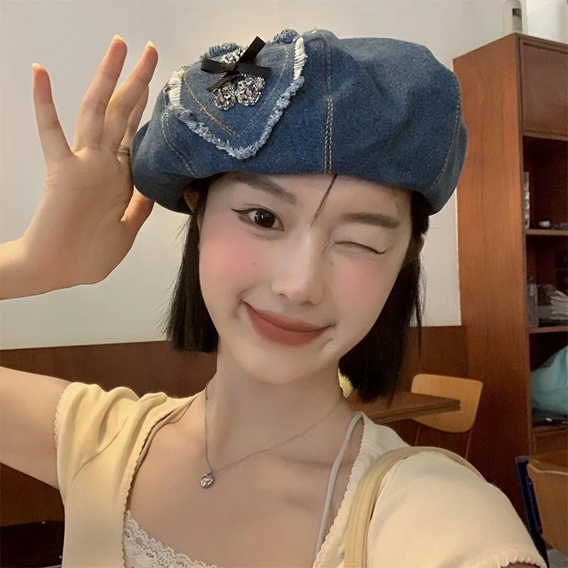 

Cute Little Bear Bow Cowboy Beret Women Big Head Show Face Small Fashion Hat Love Patch Versatile Bud Painter Cap Foldable Trend