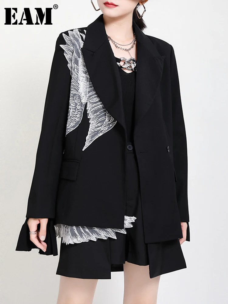 

[EAM] Women Black Mesh Wings Big Size Blazer New Lapel Long Sleeve Loose Fit Jacket Fashion Tide Spring Autumn 2022 1DC700