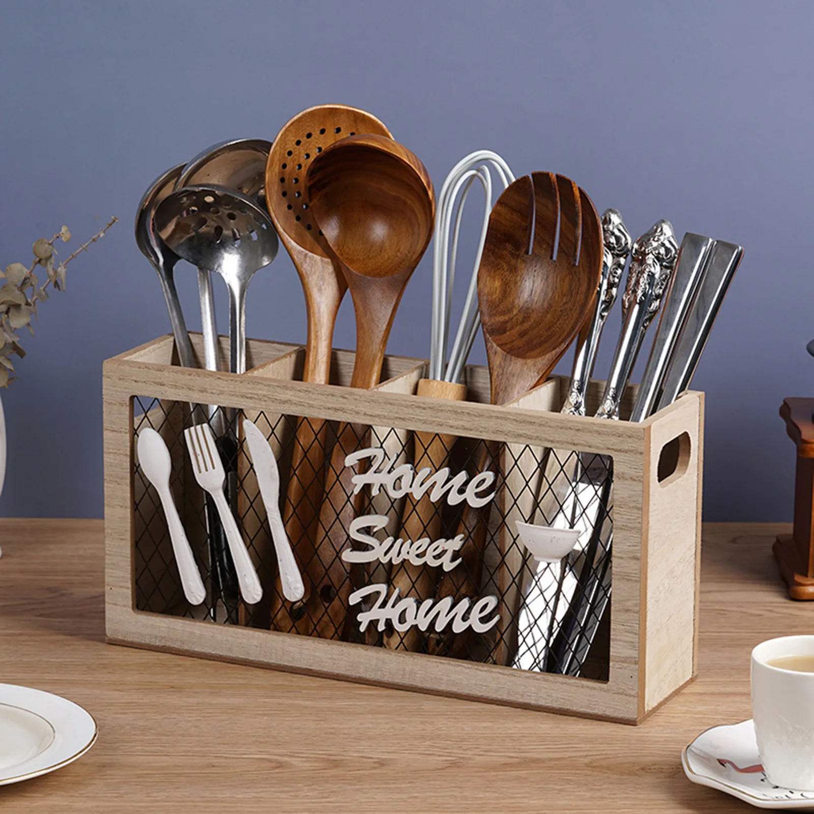 

Wooden Silverware Caddy European-Style Utensil Holder Silverware Organizer For Forks Spoons Knives Storage Box For Kitchen