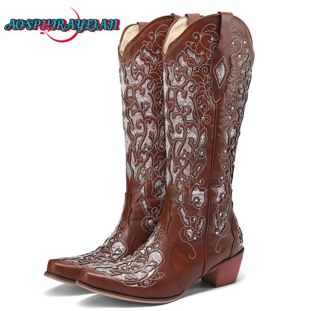 

Bling Crystals Retro Western Cowboy Knee-high Boots For Women 2023 Sewing Floral Cowgirl Shoes Boots