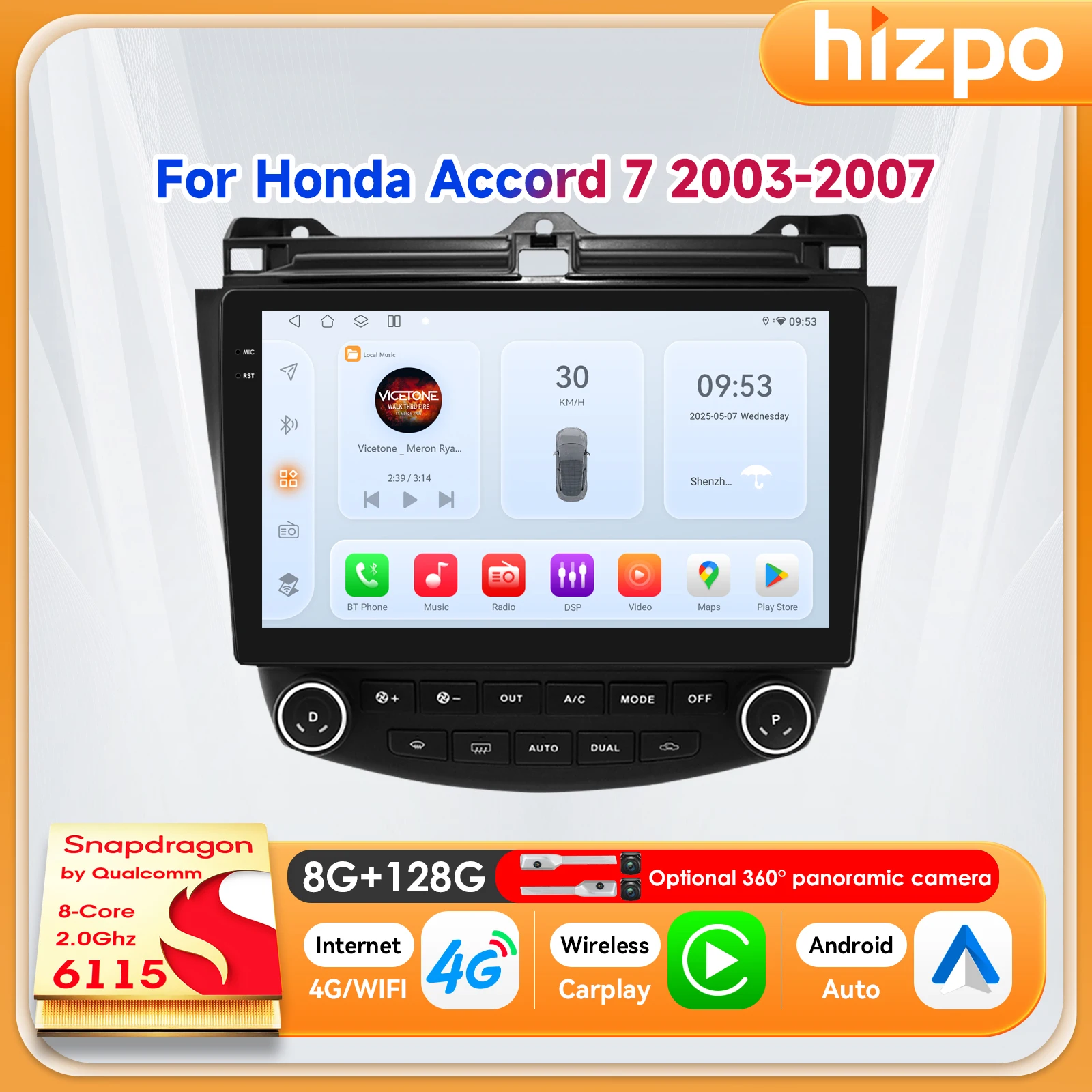 Фото Автомагнитола Hizpo 10.1 дюйма 2DIN для Honda ACCORD 7 2003-2007 с сенсорным экраном, умным монитором, AI-голосовым управлением, DSP, навигацией, CarPlay, Wi-Fi 6115 №1