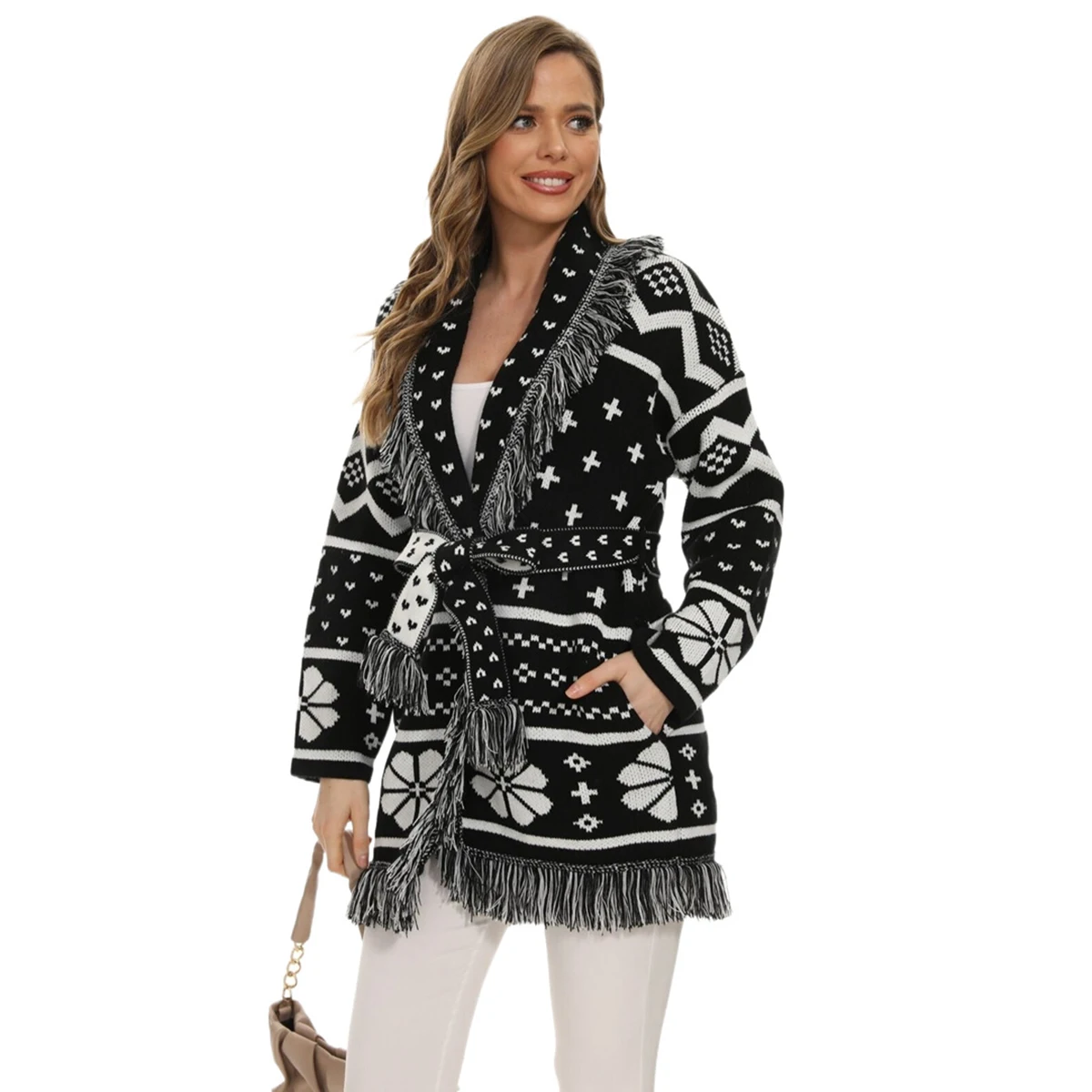 

Jastie New Autumn And Winter Women Sweater Cardigan Black And White Jacquard Fringed Knitted Overcoat Lapel Long-sleeved Jacket