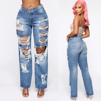 women mid waist ripped straight jeans 2022 washed retro hipster slim fit casual sexy mopping denim female fashion wild trousers