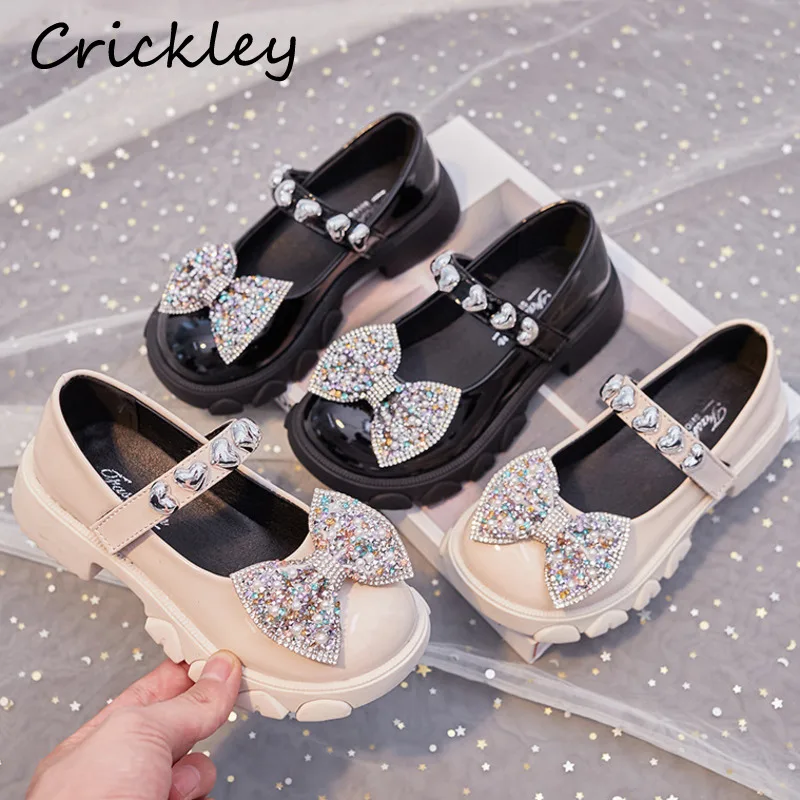 

Fashion Bling Bow Girls Flats Shoes Cute Heart Rhinestone Anti Slip Kids Princess Shoes PU Hook Loop Soft Children Single Shoes
