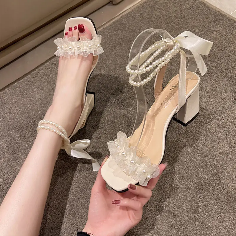 

Pearl Sandals Comfort Shoes for Women Strappy Heels 2023 Summer Suit Female Beige Lace Up Retro Block Bow Gladiator Girls High B