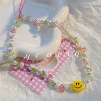 colored stone irregular love pearl resin yellow smiley geometric beaded lanyard anti lost mobile phone chain for female jewelry