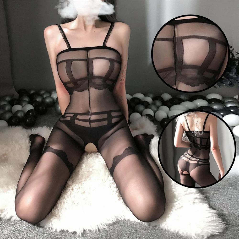 

Sexy Transparent Bodystocking Lingerie Women Erotic Open Crotch Stockings Intimate Babydoll Pantyhose Fake Underwear Set Outfits