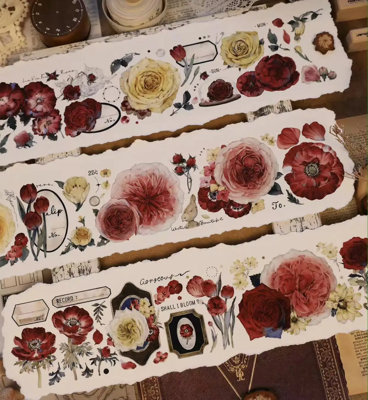 

Vintage Red Yellow Rose Floral Washi PET Tape for Planner Card Making DIY Scrapbooking Plan Decorative Sticker