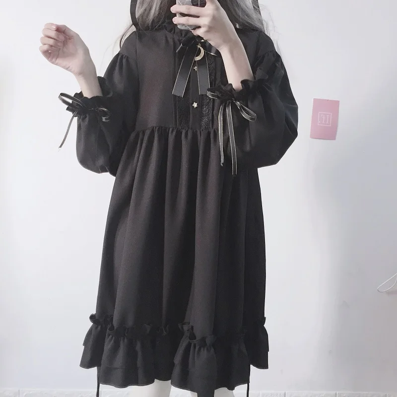 Купи Anbenser Japanese Gothic Dress Summer Women Vintage Chiffon Dress Bow Bandage Ruffle Black Lolita Dresses Vestidos Robe Femme за 1,139 рублей в магазине AliExpress