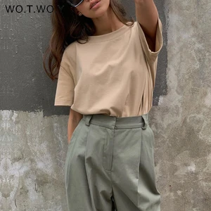 Женская трикотажная футболка WOTWOY, повседневная однотонная хлопковая футболка с коротким рукавом, лето 2021 г., S-XL г.