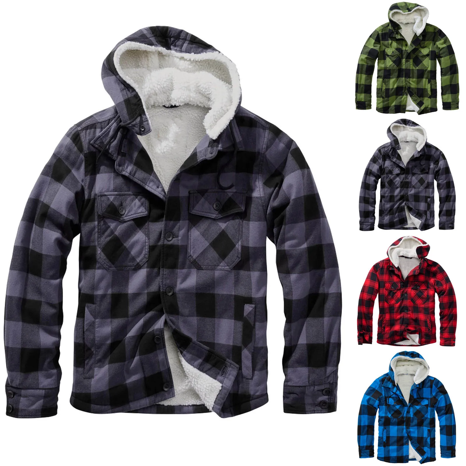 

Мужской Тренч на подкладке, Осень-зима, мужская Свободная рубашка в клетку с карманами и капюшоном, с подкладкой, с воротником-стойкой и молн...