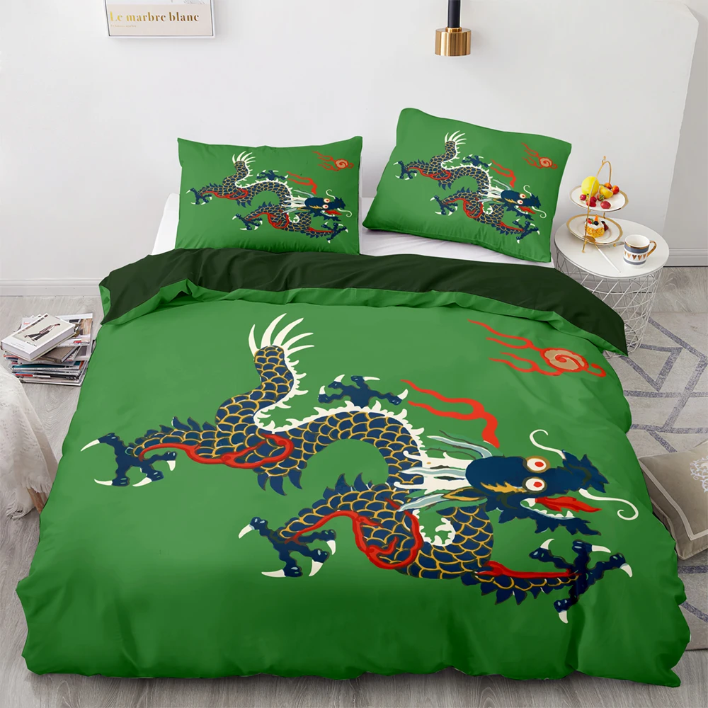 

Комплект постельного белья в винтажном стиле, 2/3 шт., мягкий зеленый пододеяльник с наволочкой, с принтом китайского дракона, для двуспально...
