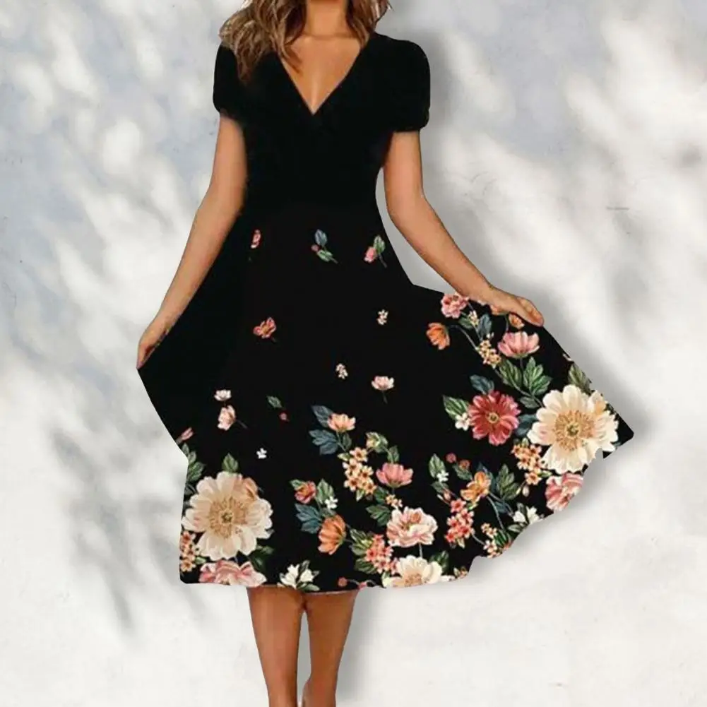 

Colorful Flower Printing Women A-Line Boho Dress Elegant V-Neck Short Sleeve Large Hem Midi Dress robe vestidos платье женское