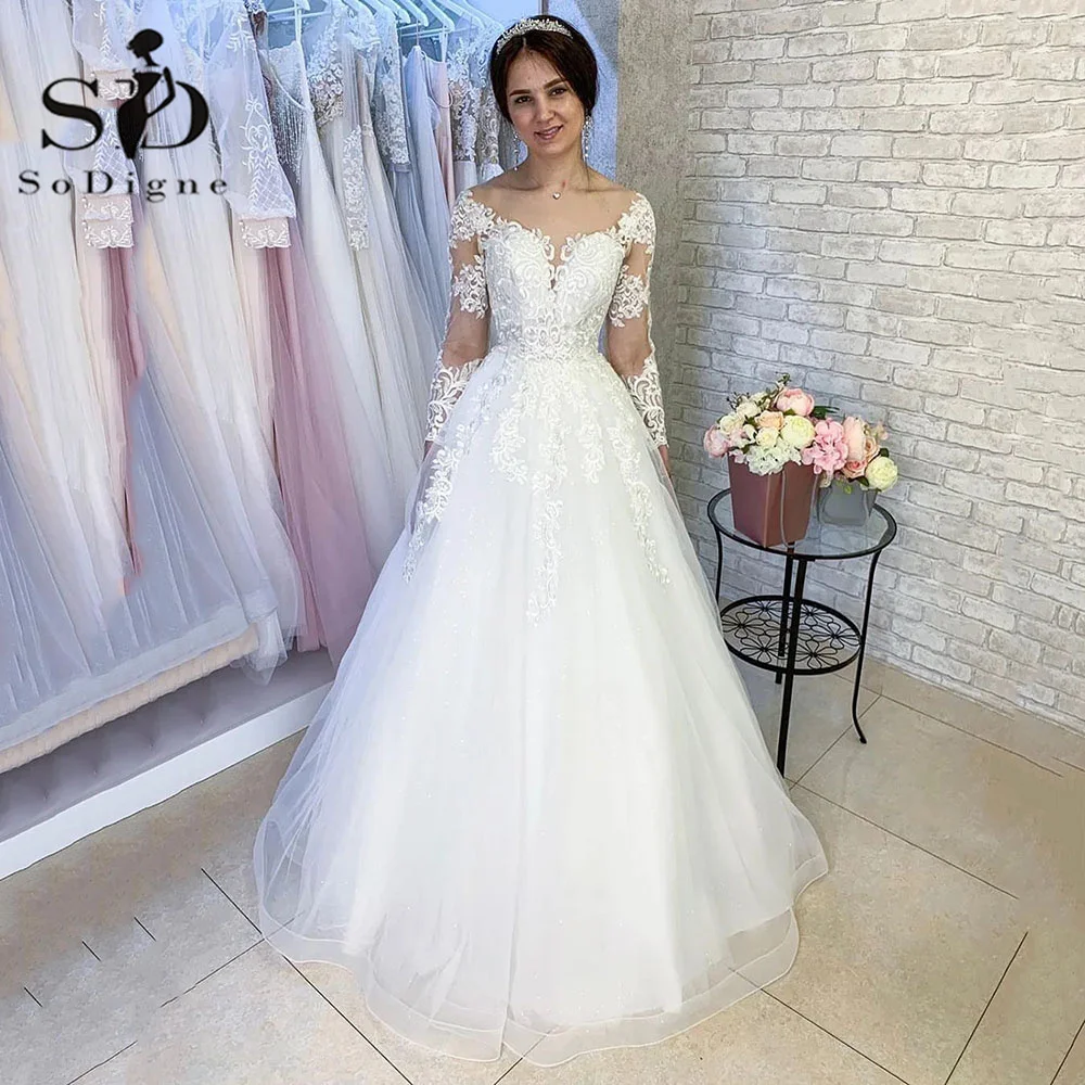 Купи SoDigne Luxury A Line Wedding Dress 2023 Long Sleeves Lace Appliques Country Bridal Dress White Floor Length Robe De Mariee за 5,553 рублей в магазине AliExpress