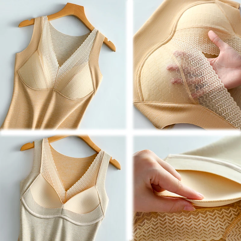 Thermal Women Underwear Plus Silk &Sheep Wool Velvet Seamless Lace Vest Woman Clothes With Chest Pad Cup For Autumn And Winter
