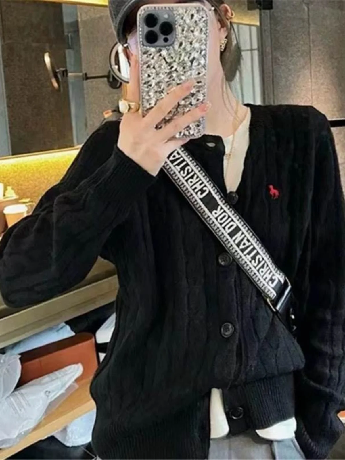 Шерстяной вязаный кардиган с круглым вырезом женский осенне-зимний свитер в