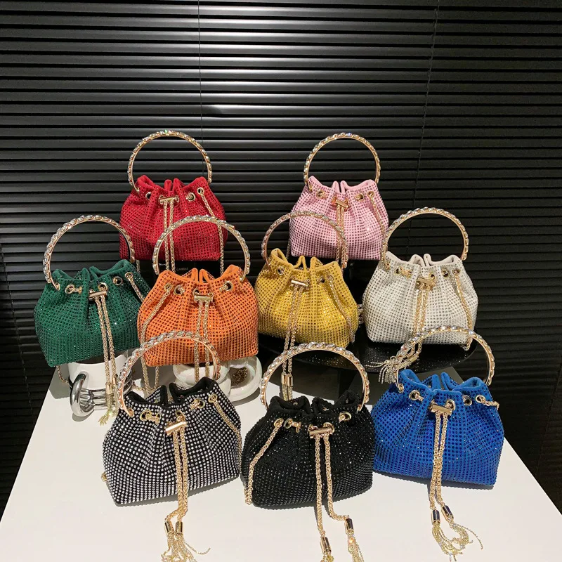 

Women's Diamond Handbag Luxury Design Drawstring Tassel Bucket Bag Ladies Evening Bag Rhinestone Clutch Chain Crossbody Bag