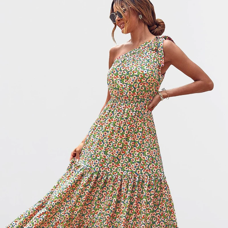 

Summer New Long Dress Women's Bohemian Floral Sexy Backless Slanted Shoulder Yellow Sun Dress Beach Holiday Big Swing Dress