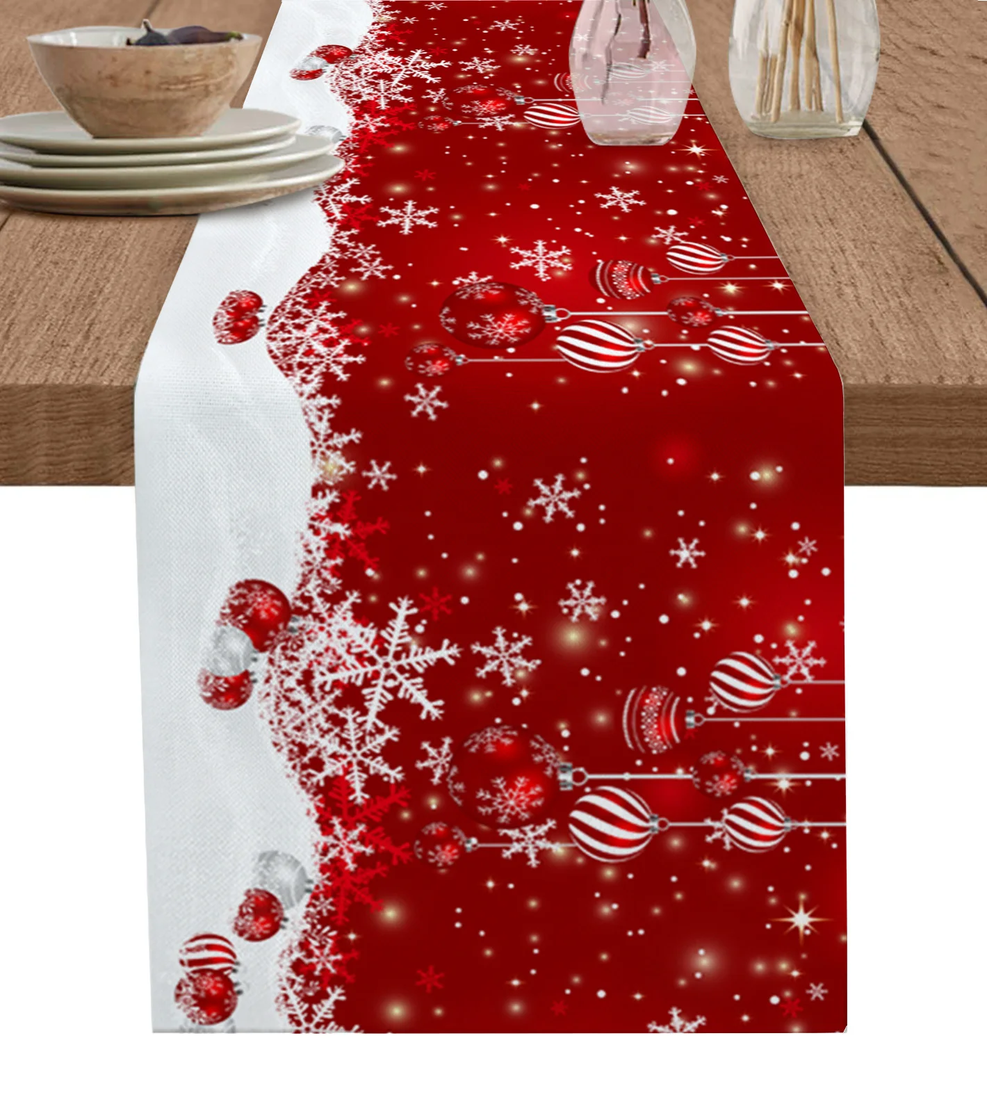 

Christmas Balls Snowflakes Table Runner Christmas Decoration Tablecloth Wedding Party Decor Table Cover
