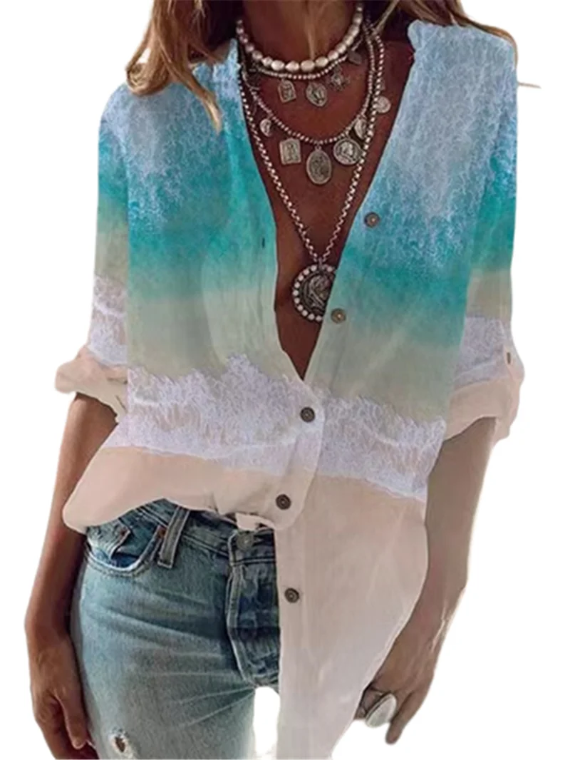 

Elegant Surf Daisy Leaf Print Shirt Women Autumn Lapel Long Sleeve Casual Blouses Fashion Lady Street Single Breasted White Tops