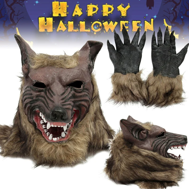 

Wholesale Halloween Latex Rubber Wolf Head Hair Mask Cos Play Werewolf Gloves Costume Party Scary Decor