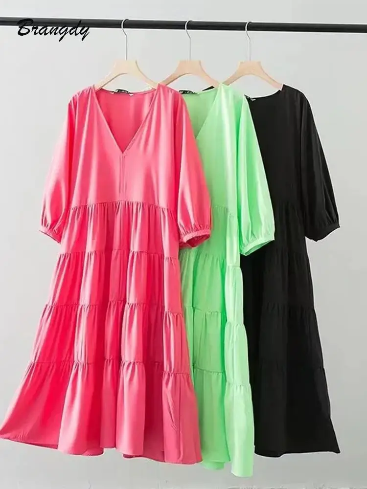 

Puff Sleeve Long Dress V-neck Summer Green Cascading Ruffles Dresses for Women Casual Loose Ruffle Dresses Robe Solid Maxi Dress