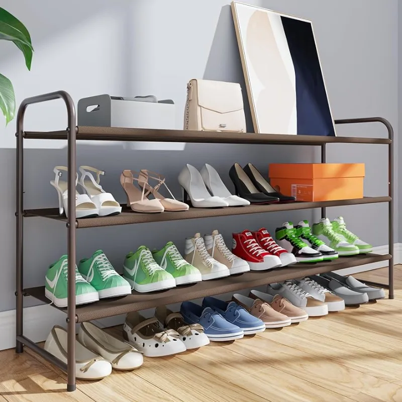 

Shoe Rack for Entryway - Sturdy & Durable Long Stackable Shoe Organizer for Closet, 3-Tier Space-Saving Metal Shoe Shelf