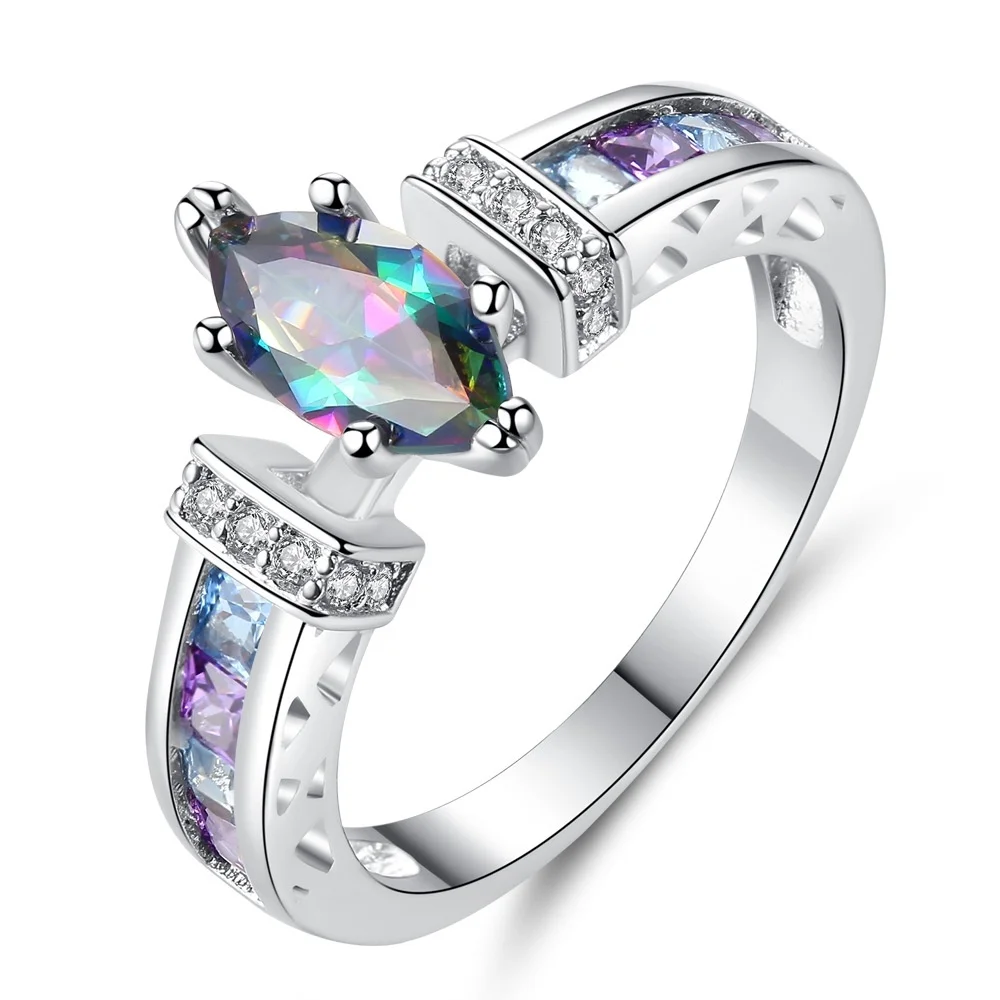 

Silver Color Rainbow CZ Crystal Rings for Bride Wedding Engagement Ring Morganite Birthstone Jewelry