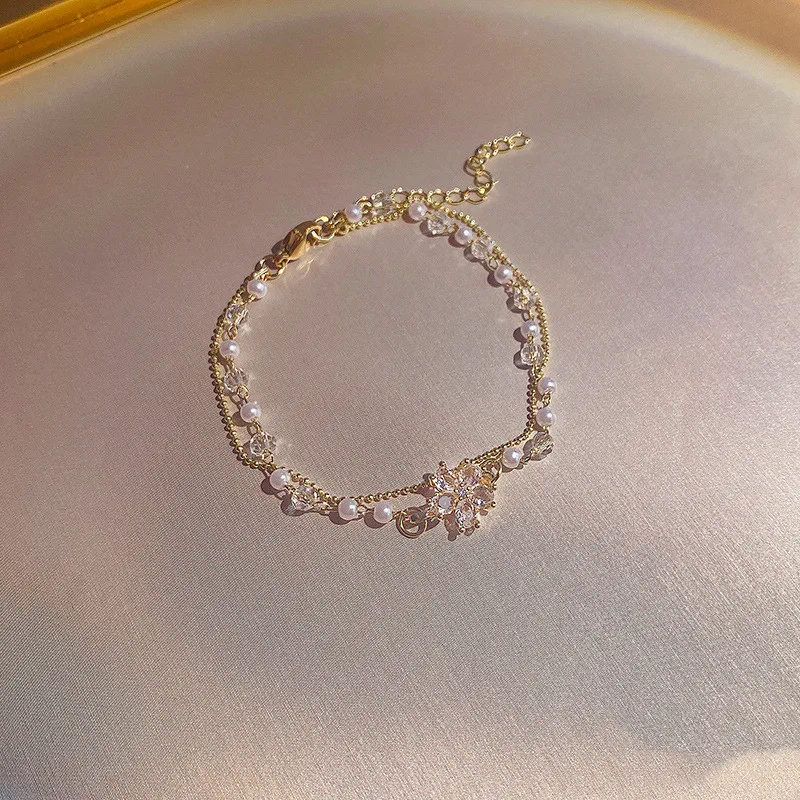 

CARLIDANA Double Layer Simulated-Pearl Bracelet for Women Zircon Flower Hanging Golden Adjustable Lady Birthday Wedding Jewelry