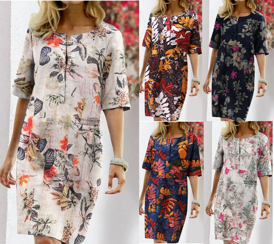 

Spring Summer Female Split O-Neck Half Sleeve Vintage Dress Women's Loose Dress Women Floral Print Boho Beach Maxi Dress