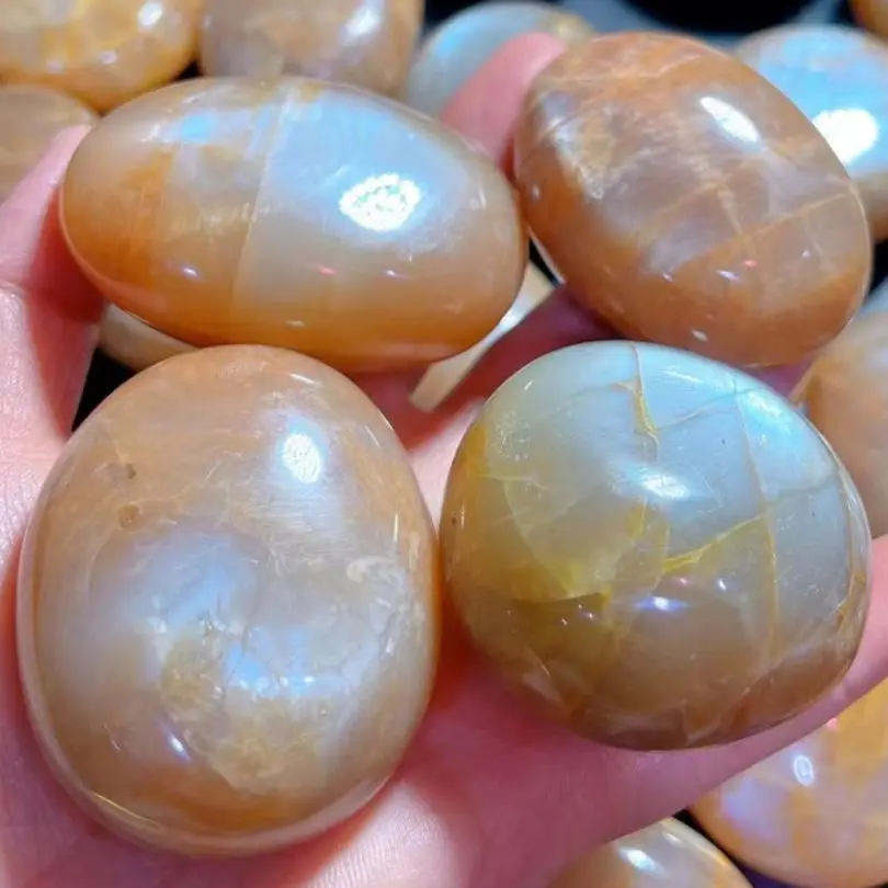 

10pcs Orange Moonstone Palm Natural Stone And Crystal Gemstones Minerals Wicca Spiritual Reiki Ornaments Home Decoration Room