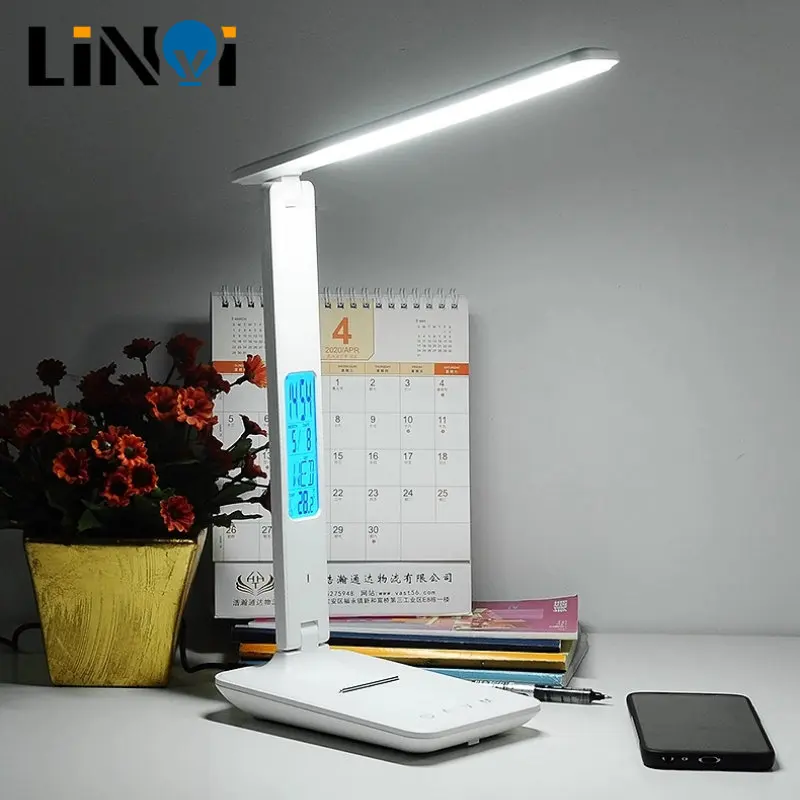

LED Desk Lamp with Mobile Phone Charging Temperature Alarm Clock Dimmable Touch Foldable Desk Lamp Reading Lamp Eye Protection