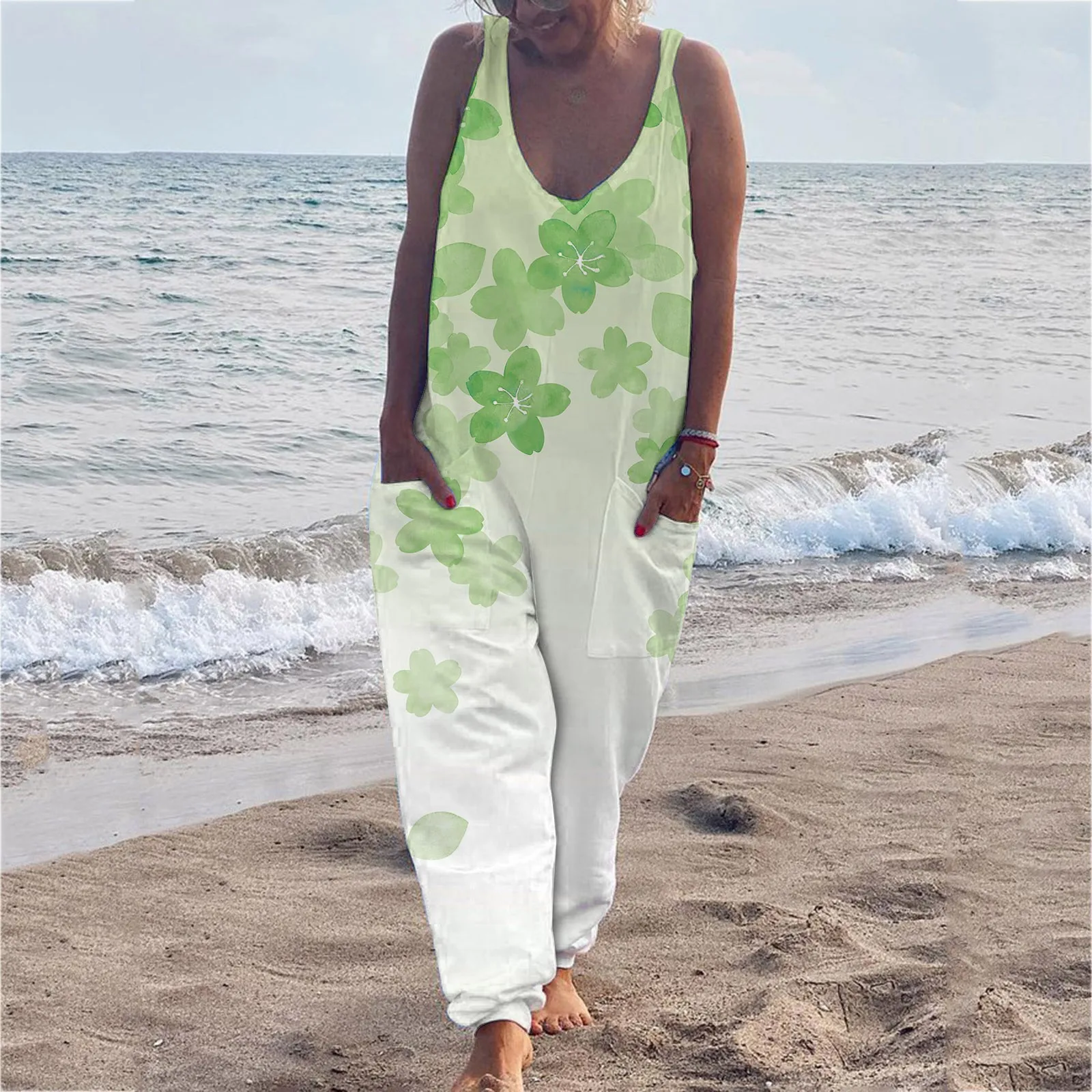 

2022 Summer Straps Overalls Ladies Casual Sleeveless Big Pocket Loose Playsuits Vintage Print Beach Wide Leg Straight Jumpsuits