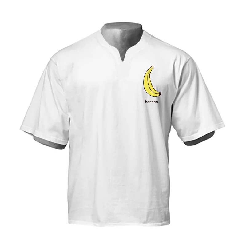 

Футболка мужская с V-образным вырезом, хлопок, дышащая, с принтом банана, для тренировок, фитнеса, бодибилдинга, оверсайз, летняя
