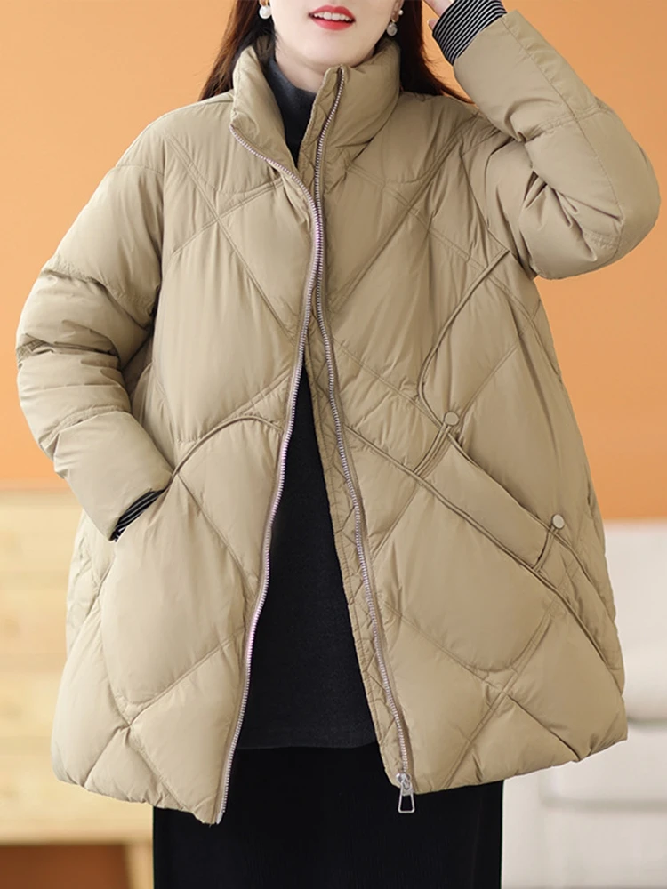 

Женская зимняя куртка на утином пуху с воротником-стойкой, длинное пуховое пальто, женская Свободная ветрозащитная Толстая теплая парка с перьями, зимняя верхняя одежда