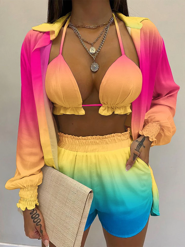 

Summer Sexy Beach Bikini Shorts Sets Suit Woman 2022 Casual Print 3 Piece Sets Long Sleeve Shirt Bra Three Piece Set Boho Women