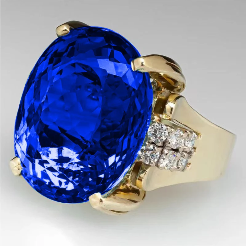 

New Fashion Ladies Large Oval Royal Blue Crystal Wedding Engagement Ring Inlaid Dove Egg High Quality Party Fashion Jewelry