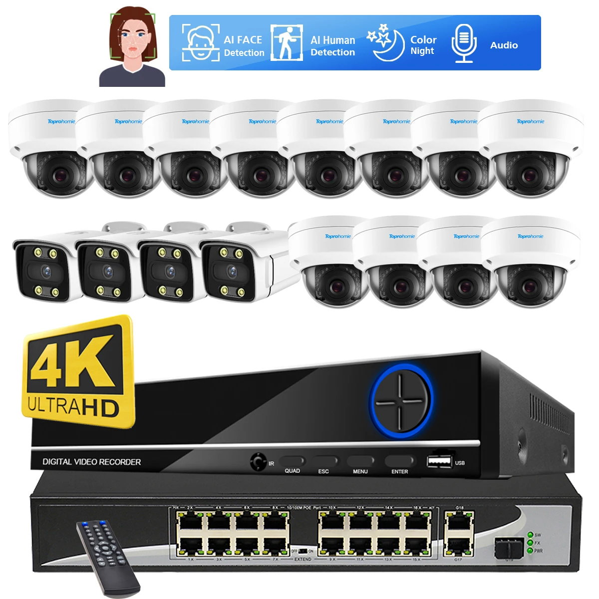 

Система видеонаблюдения NVR, 16 каналов, 4K, 8 Мп, цветная Ночная IP-камера с распознаванием лица, двухстороннее аудио, POE 2K, комплект для домашнего видеонаблюдения