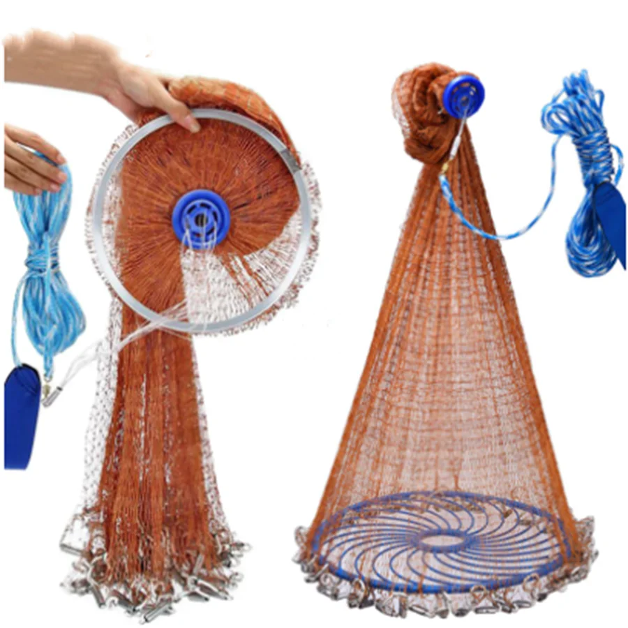 

1Pcs Net American Style Strong Braided Cable Hand Throw Fishing Net Aluminum Ring or Blue Ring Cast Network Fishing Accessories