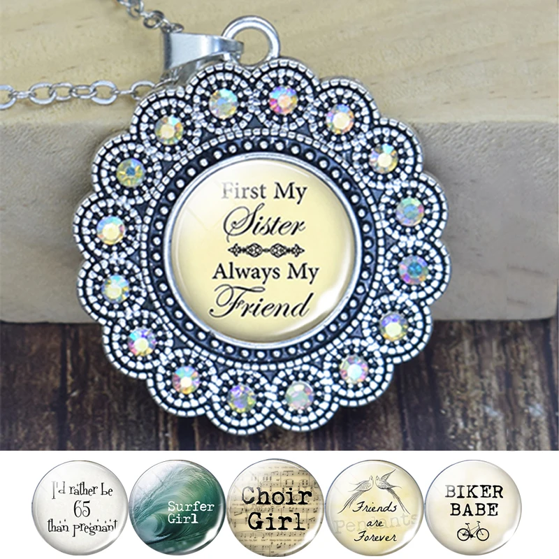 

Best Sister Friendship Quote Crystal Fashion Necklace Pendant Souvenir Silver Color Jewelry Best Birthday Gift Chains for Friend