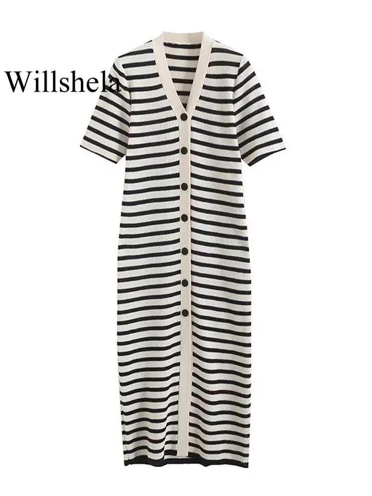 

Willshela женское модное однобортное трикотажное платье миди в полоску, винтажное платье с v-образным вырезом и короткими рукавами, женские шикарные платья