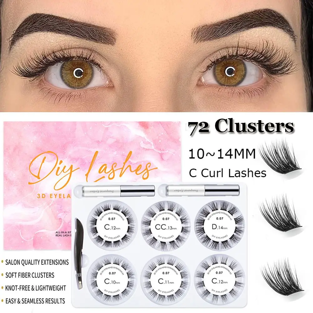 DIY Lash Extensions Kit Eyelashes Extension Kit Fluffy Wispy 10~14mm C Curl Fluffy Natural 3D Glue Bonded Band Volume Lashes