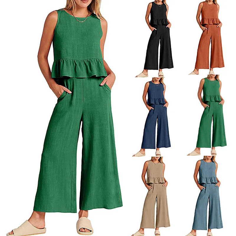 

Summer Casual Cotton Linen Two Piece Set Solid Color Sleeveless Pleated Vest Pocket Long Pants Suit 2 Piece Sets Women Outifits