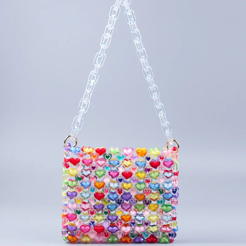 

Colorful Heart Shape Women's Handmade Beaded Bag Transparency Crystal Acrylic Shoulder Crossbody Female Evening Bag Summer 2023