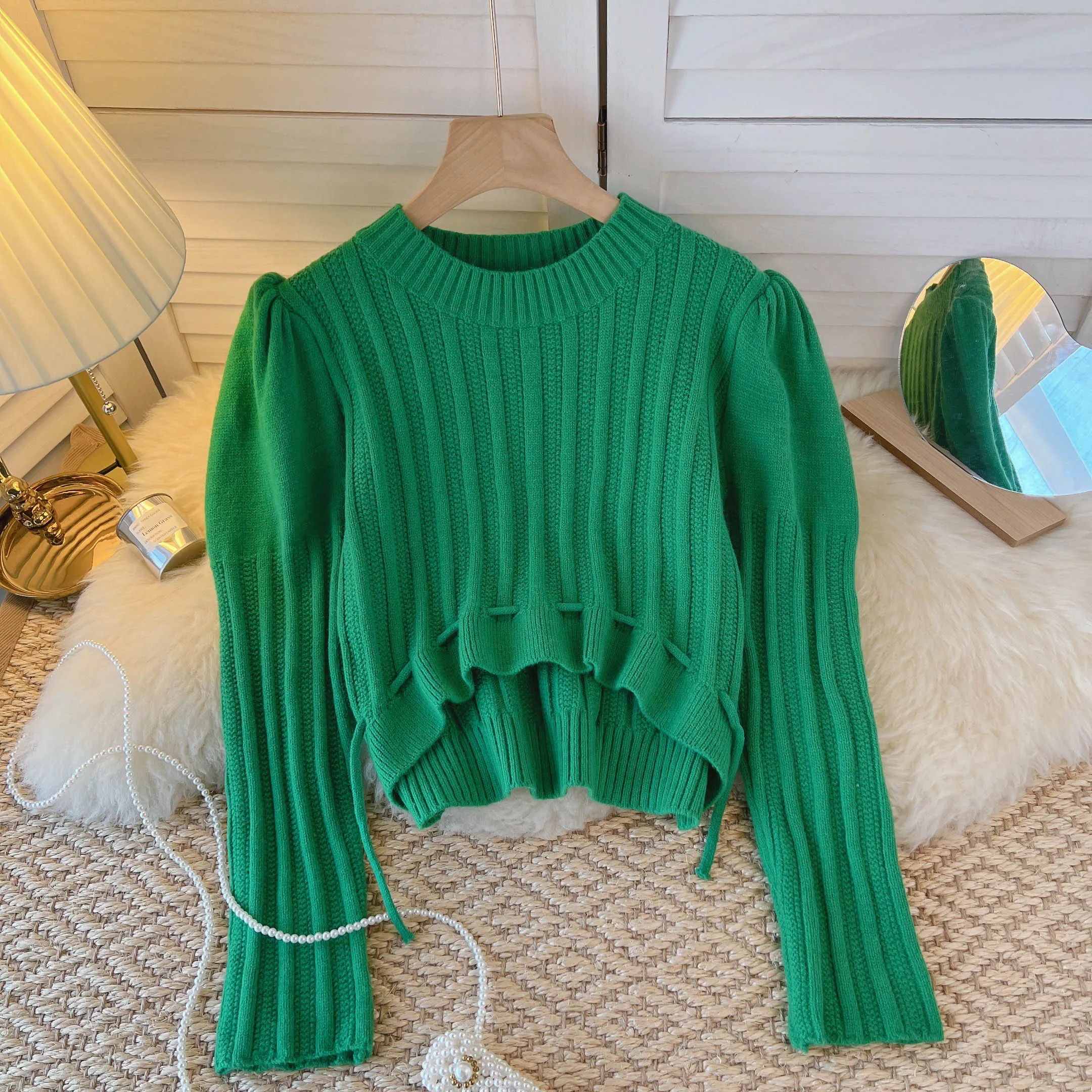 

Korean Style Blouse Knitted Shirts Women Loose Shirt Tops Female Casual Lady Blouses O-Neck Long Puff Sleeve Blusas Dropshipping