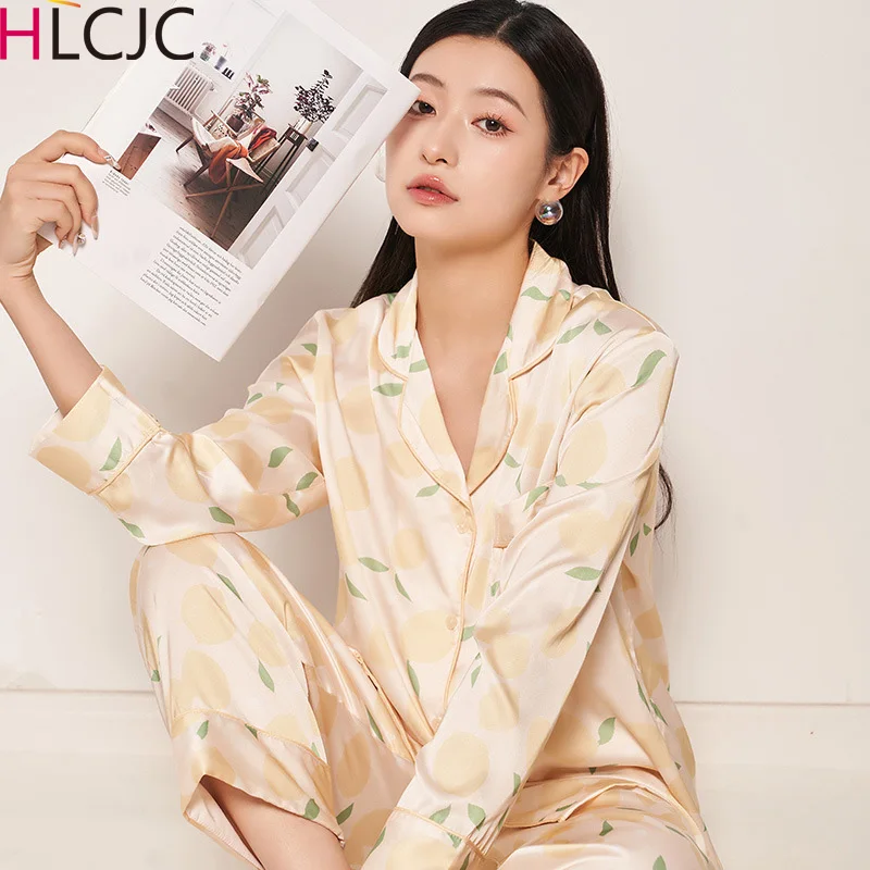 

2023 атласная Шелковая пижама для женщин, летняя Пижама, домашняя одежда, Женская ночнушка, лимонный пижамный комплект, ночная рубашка, одежда для сна