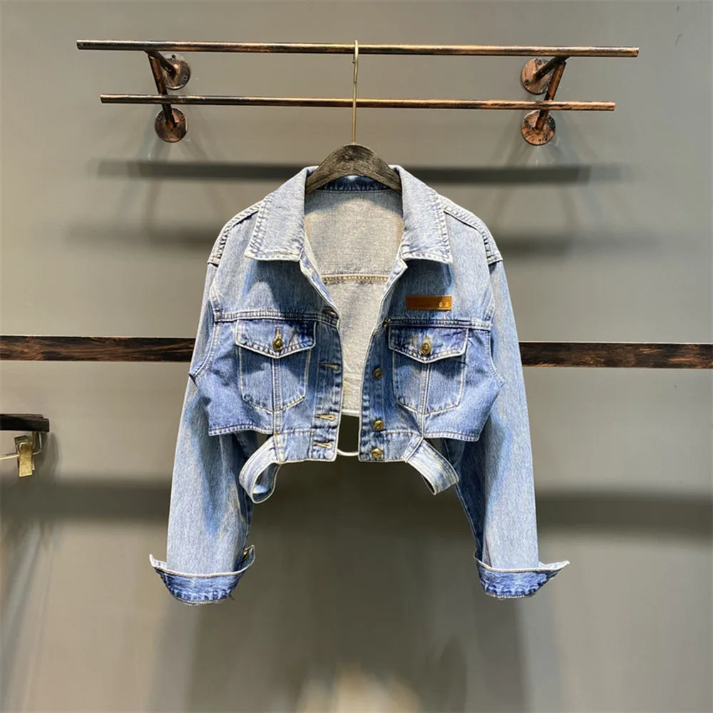 

Denim Short Jackets Coat Womens Spring Autumn 2022 Loose Long Sleeve High Waist Tops Female Casual Splice Jean Outwear Overcoat